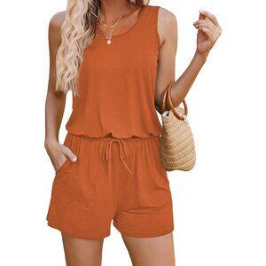 🆕 Women Orange Summer Solid Jumpsuit Loose Sleeveless Short Soft Romper Pocket
